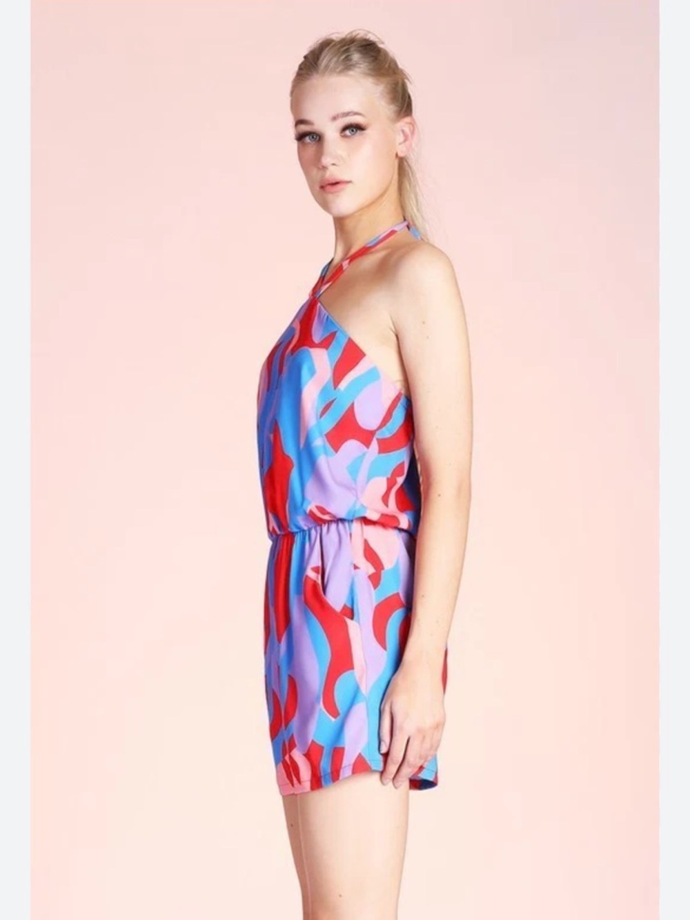 Tyche Abstract Print Halter Romper Size M Blue Red Pink